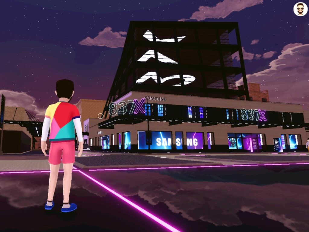 Metaverse: Ein Avatar steht vor dem Samsung Store in der virtuellen Welt von Decentraland.