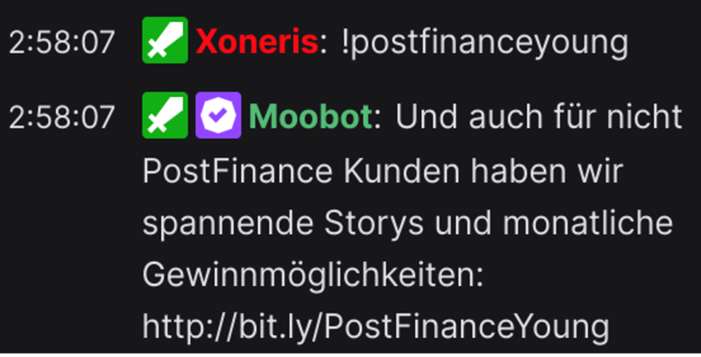 Das Bild zeig ein Advertising Beispiel in einem Twitch Chat.