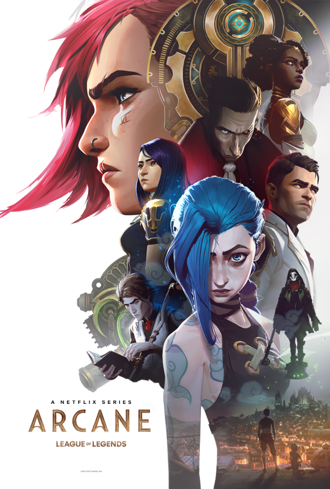 (Mitte) Arcane: Serienposter zu Arcane mit einer Collage der Figuren aus League of Legends. Im Vordergrund stehen Jinx mit blauen Haaren und das Profil von Vi mit pinken Haaren.