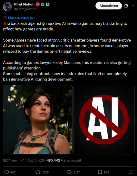 X-Beitrag von Pirat Nation über Kritik an generativer KI in Videospielen als Thema der Gaming Marketing Trends. Darunter eine Spielfigur und ein durchgestrichenes KI-Symbol.