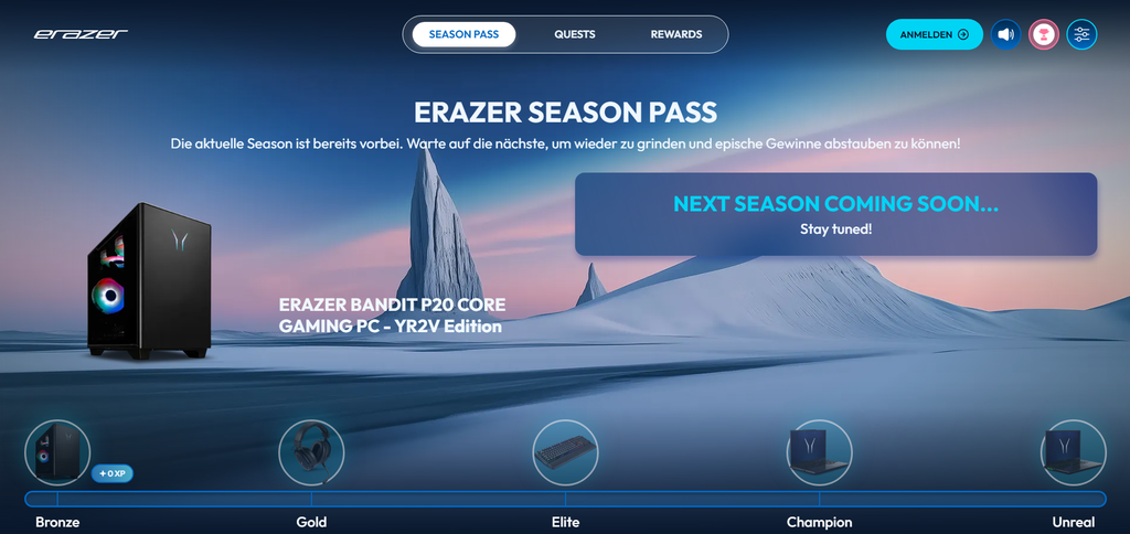ERAZER-Season-Pass-Webseite mit eisiger Landschaft, Gaming-PC und Fortschrittsleiste von Bronze bis Unreal. Ein Hinweis kündigt die nächste Saison an.