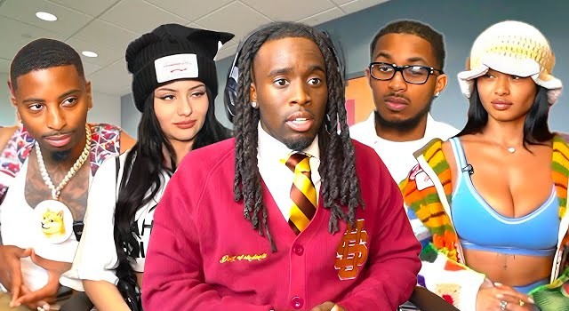 Kai Cenat steht mit roter Strickjacke und rot-gelber Krawatte vor vier weiteren Teilnehmenden seiner Streamer University. Die Gruppe blickt in die Kamera.